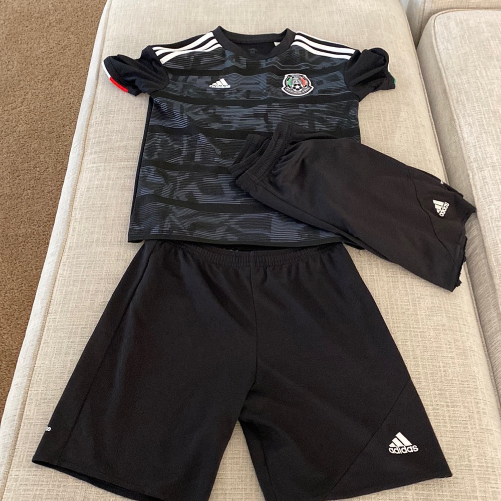 Adidas boys size medium Mexico jersey and two adidas shorts size medium
